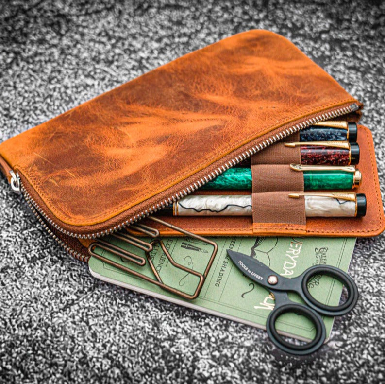 Galen Leather Zippered 4 Slots Slip-n-Zip Pen Pouch - Crazy Horse Brown