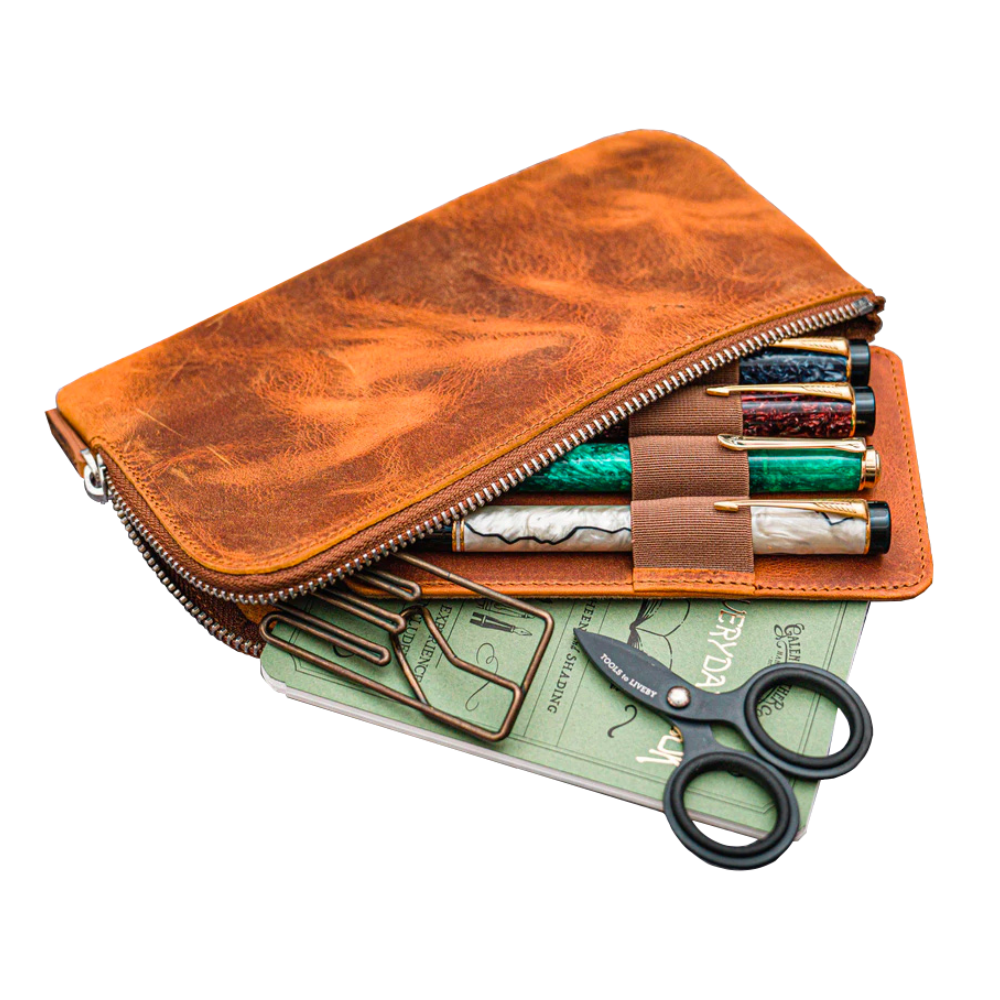 Galen Leather Zippered 4 Slots Slip-n-Zip Pen Pouch - Crazy Horse Brown