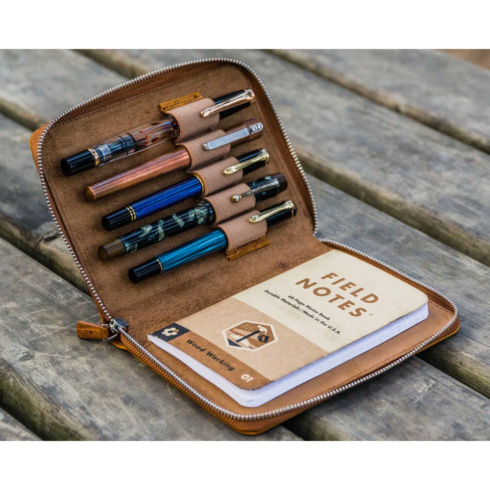 Galen Leather Zippered 5 Slots Pen Case - Crazy Horse Brown