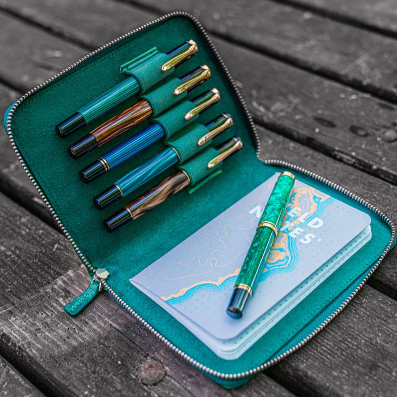 Galen Leather Zippered 5 Slots Pen Case - Crazy Horse Forest Green