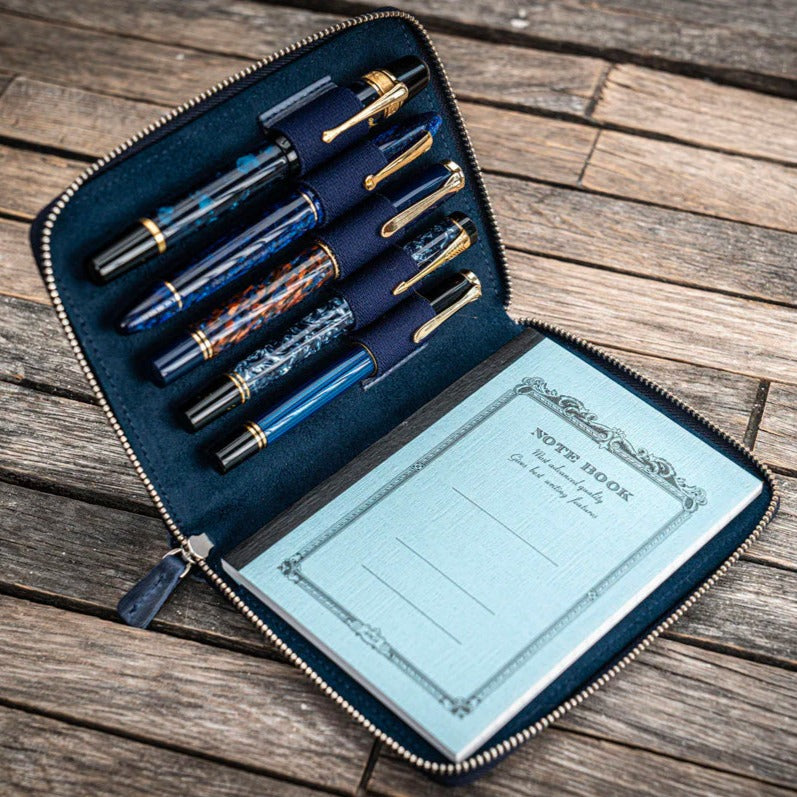 Galen Leather Zippered 5 Slots Pen Case - Crazy Horse Navy Blue