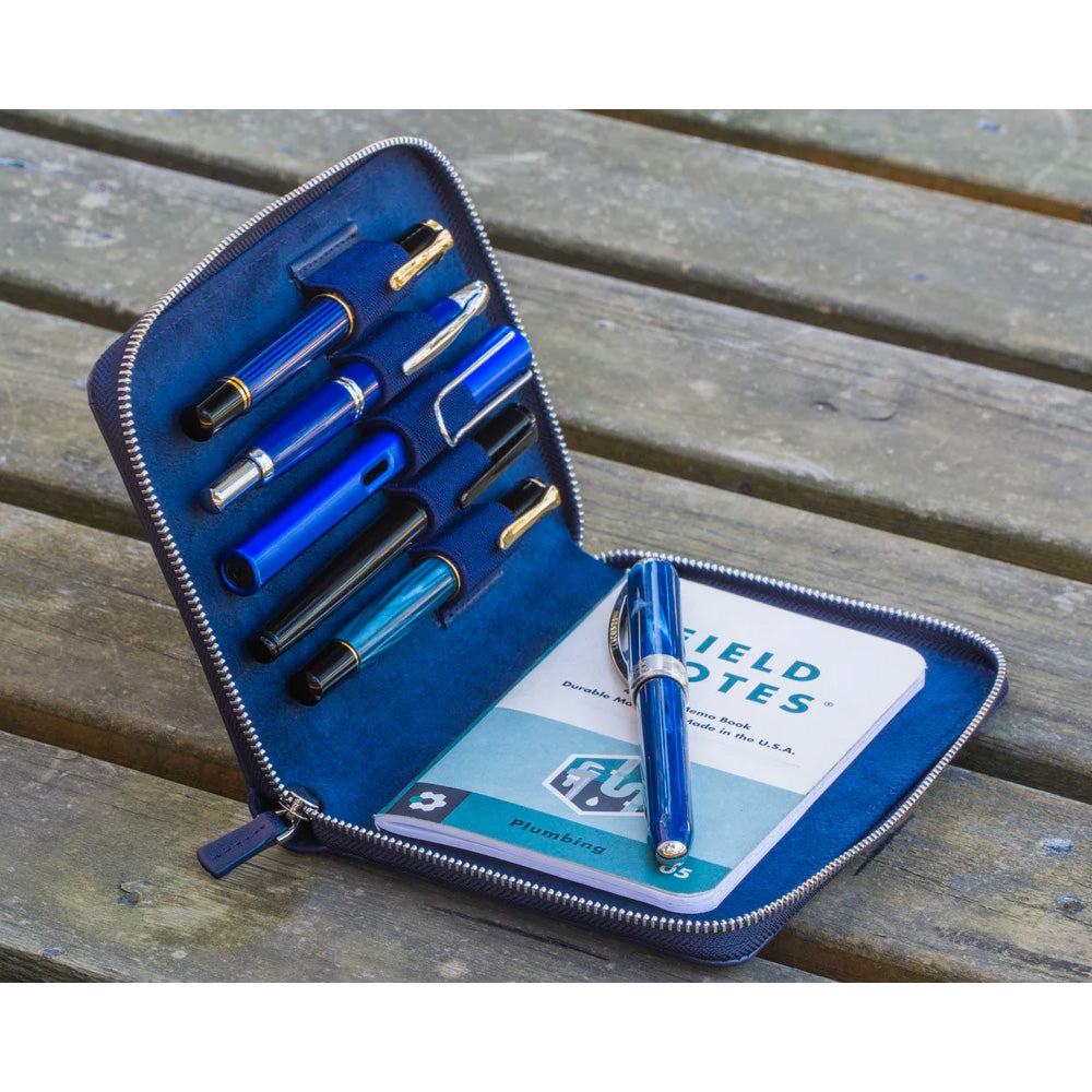 Galen Leather Zippered 5 Slots Pen Case - Navy Blue