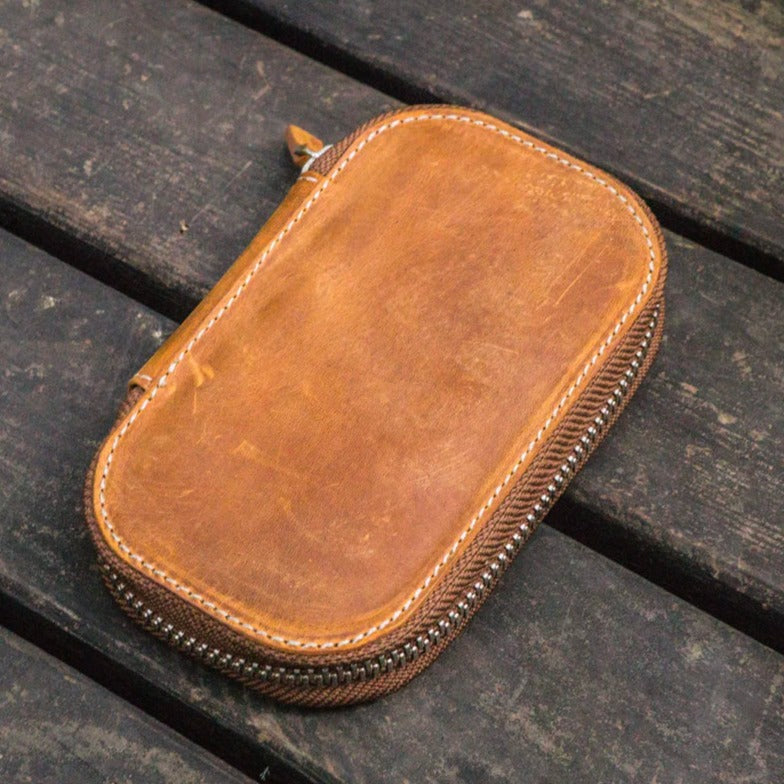 Galen Leather Zippered 6 Slots Pen Case - Crazy Horse Brown