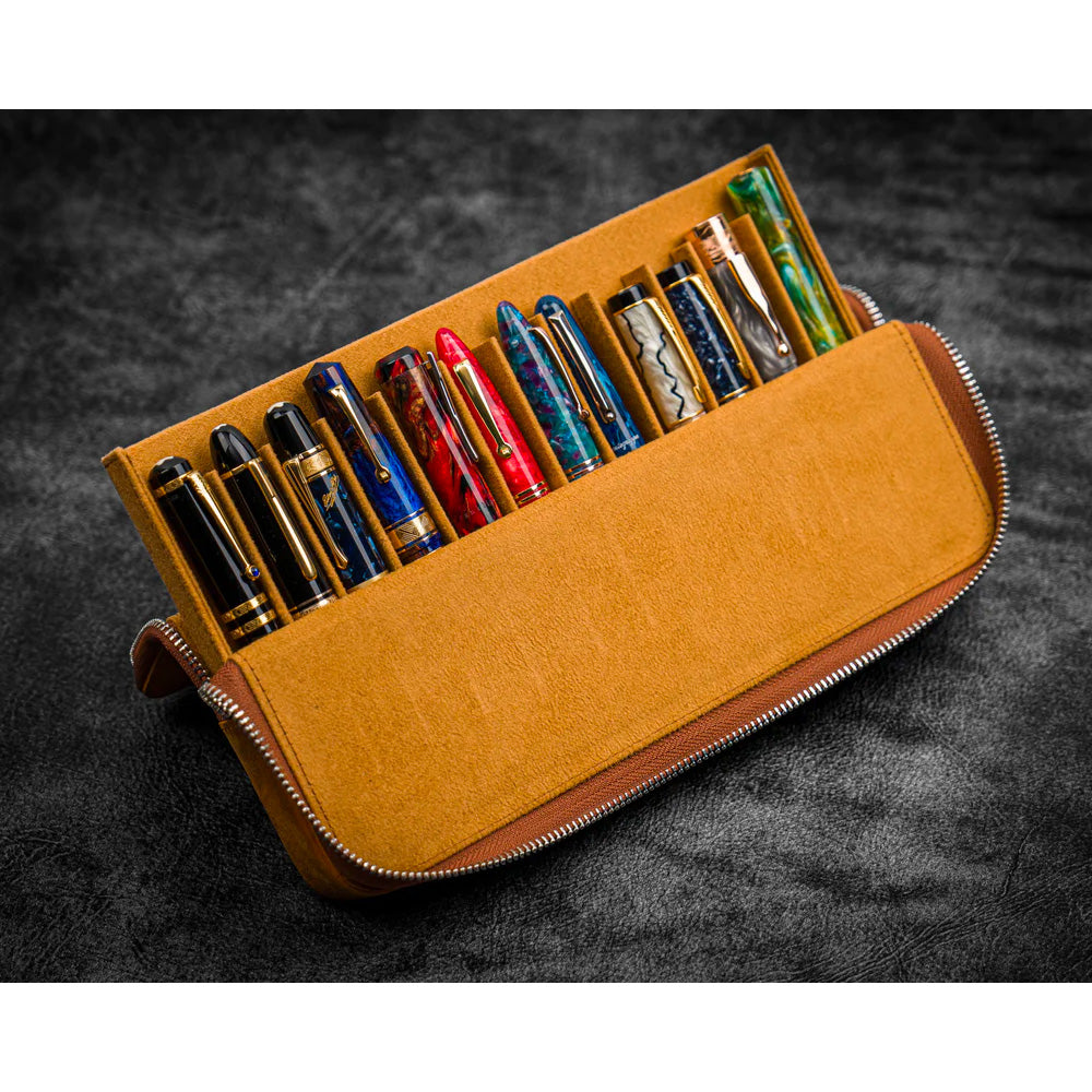 Galen Leather Zippered 12 Slots Magnum Opus Pen Case - Crazy Horse Brown (with Removable Pen Tray)