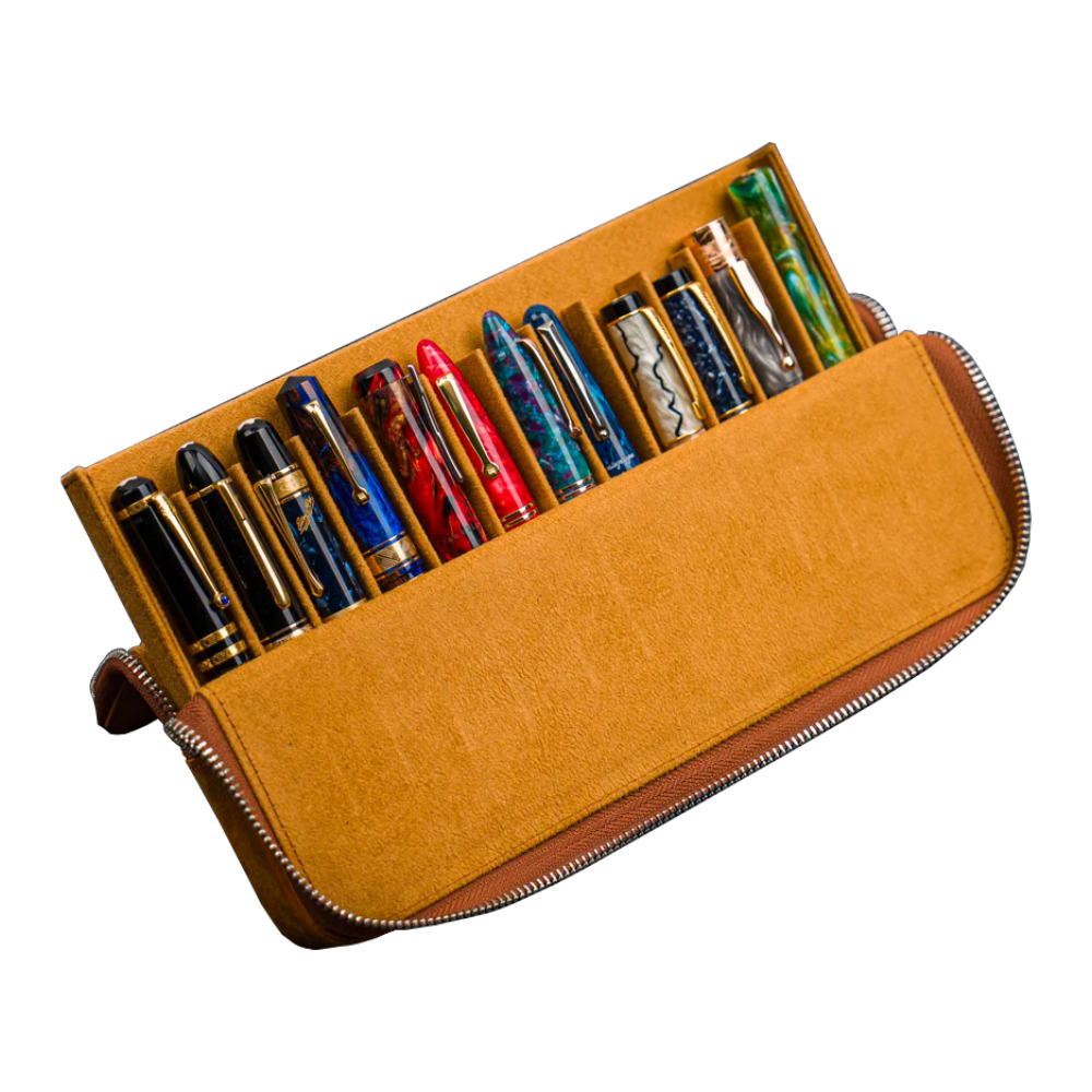 Galen Leather Zippered 12 Slots Magnum Opus Pen Case - Crazy Horse Brown (with Removable Pen Tray)