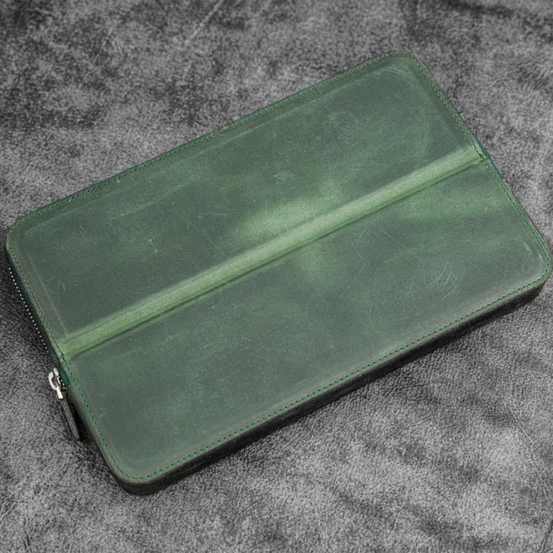 Galen Leather Zippered 12 Slots Magnum Opus Pen Case - Crazy Forest Green (with Removable Pen Tray)