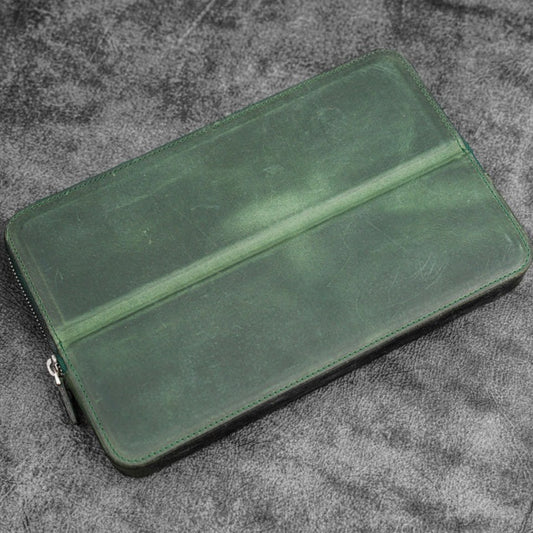 Galen Leather Zippered 12 Slots Magnum Opus Pen Case - Crazy Forest Green (with Removable Pen Tray)