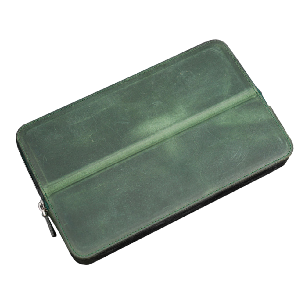 Galen Leather Zippered 12 Slots Magnum Opus Pen Case - Crazy Forest Green (with Removable Pen Tray)