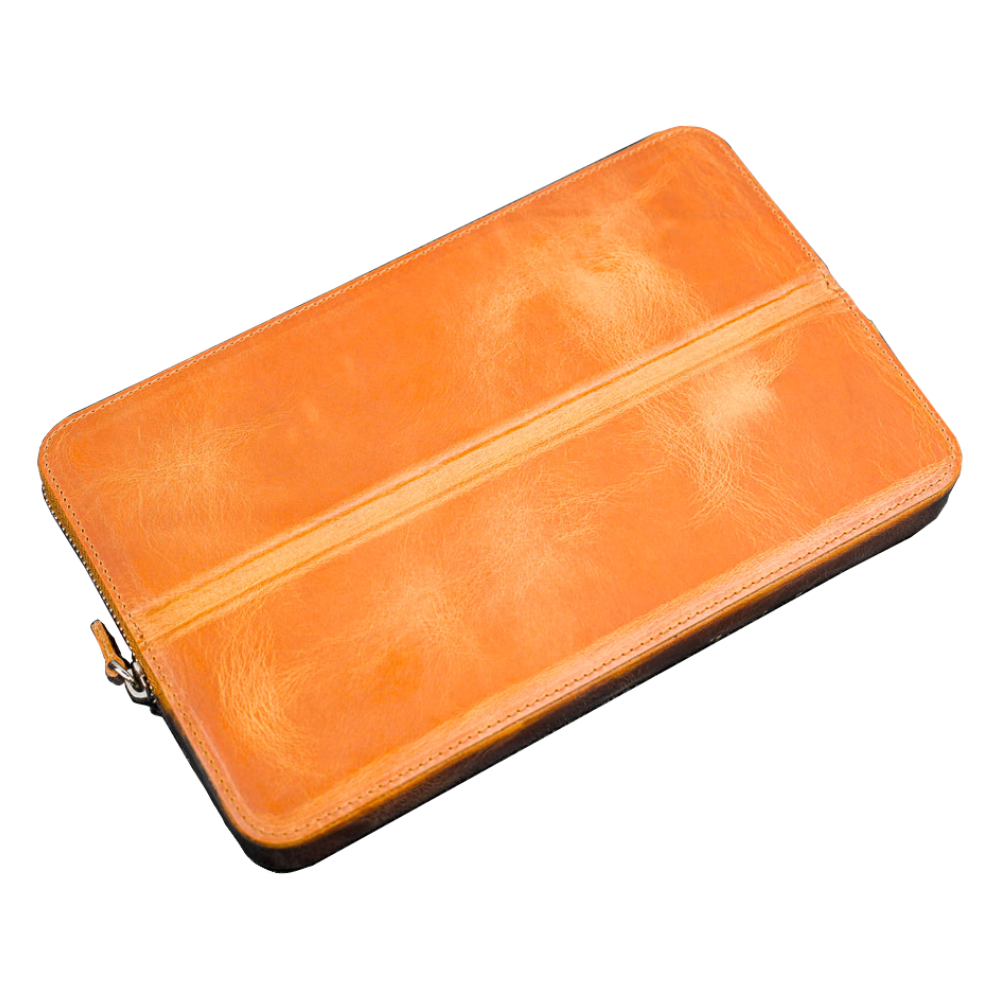 Galen Leather Zippered 12 Slots Magnum Opus Pen Case - Crazy Honey Ochre (with Removable Pen Tray)