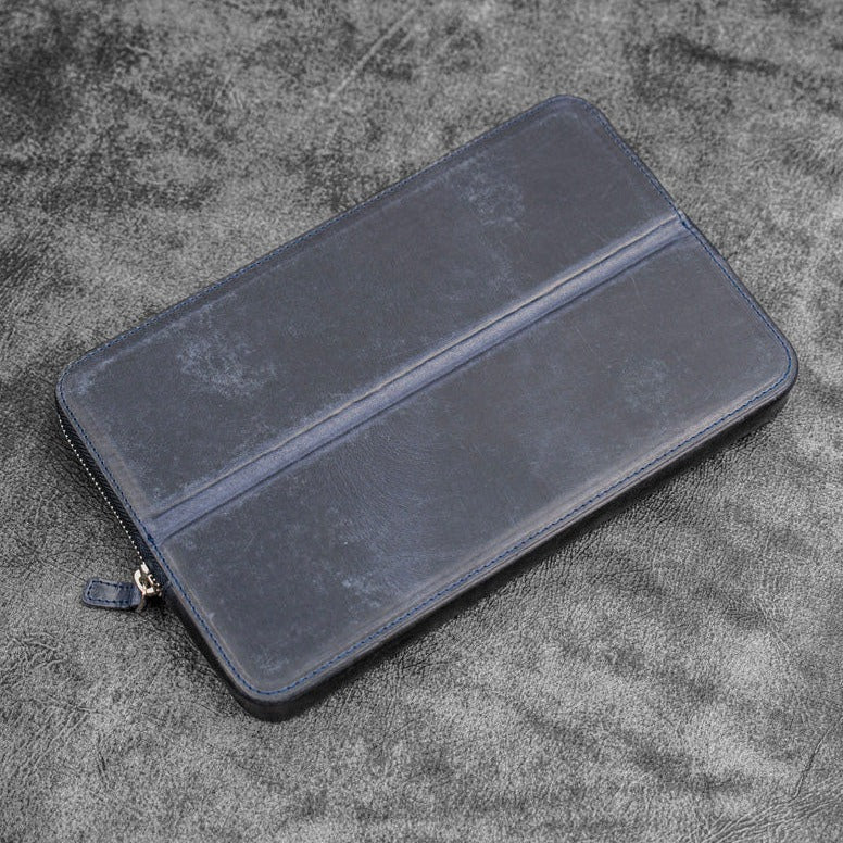 Galen Leather Zippered 12 Slots Magnum Opus Pen Case - Crazy Navy Blue (with Removable Pen Tray)