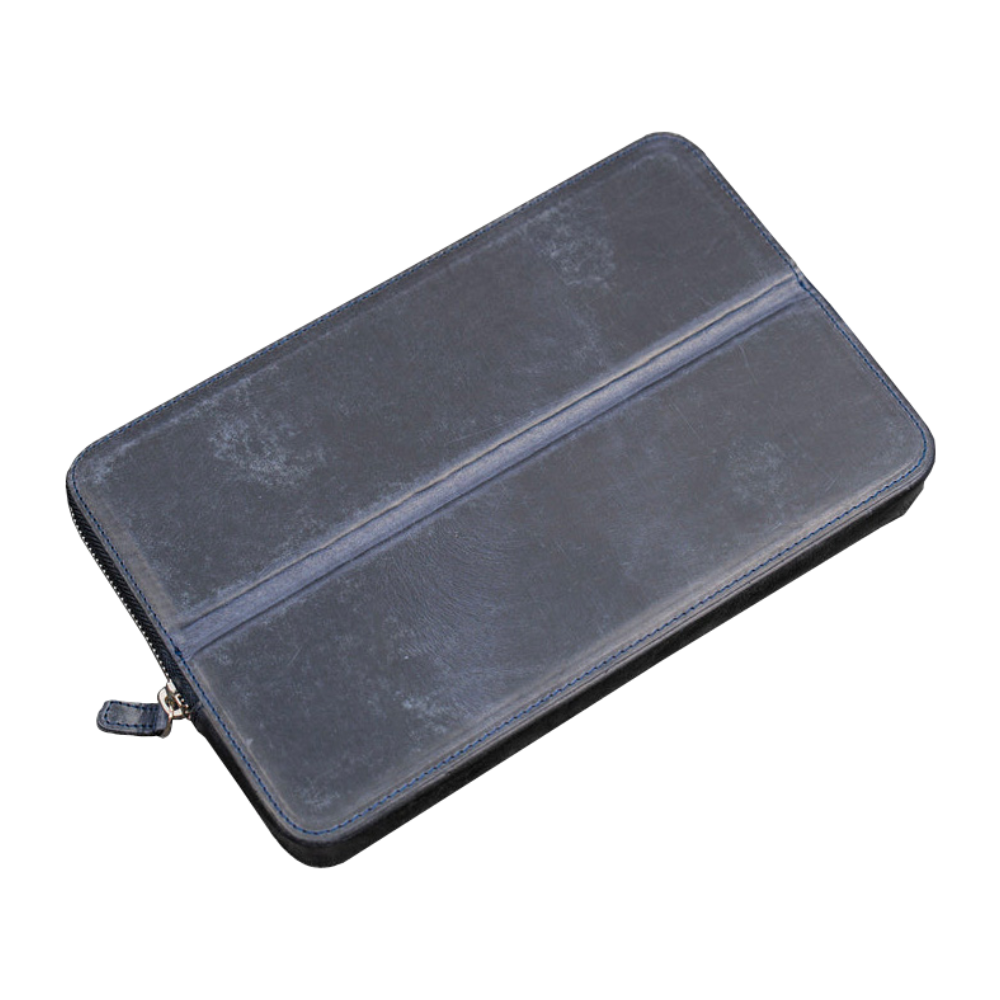 Galen Leather Zippered 12 Slots Magnum Opus Pen Case - Crazy Navy Blue (with Removable Pen Tray)