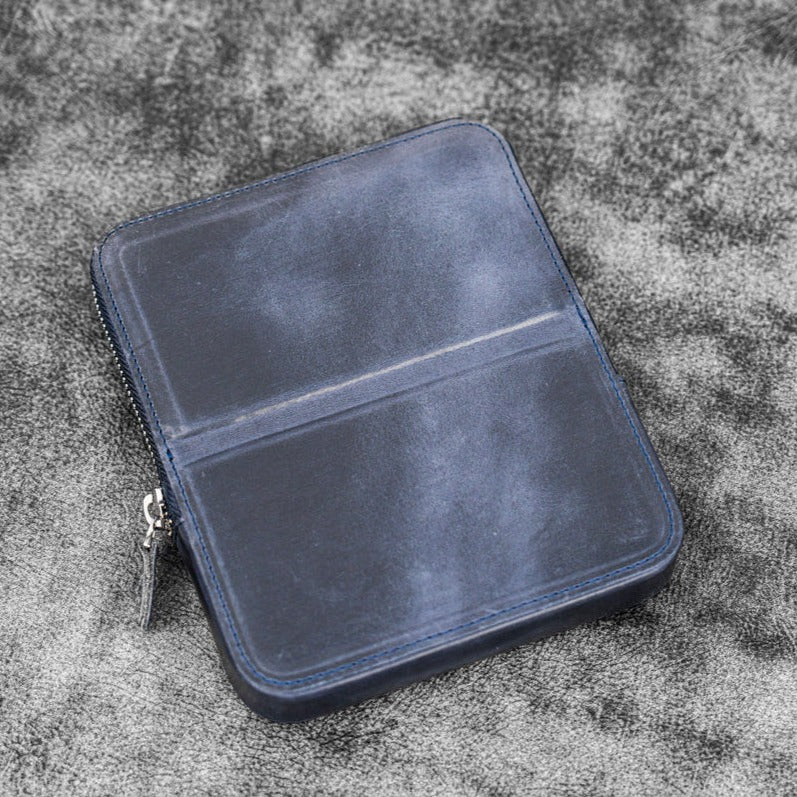 Galen Leather Zippered 6 Slots Magnum Opus Pen Case - Crazy Horse Navy Blue
