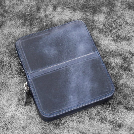 Galen Leather Zippered 6 Slots Magnum Opus Pen Case - Crazy Horse Navy Blue