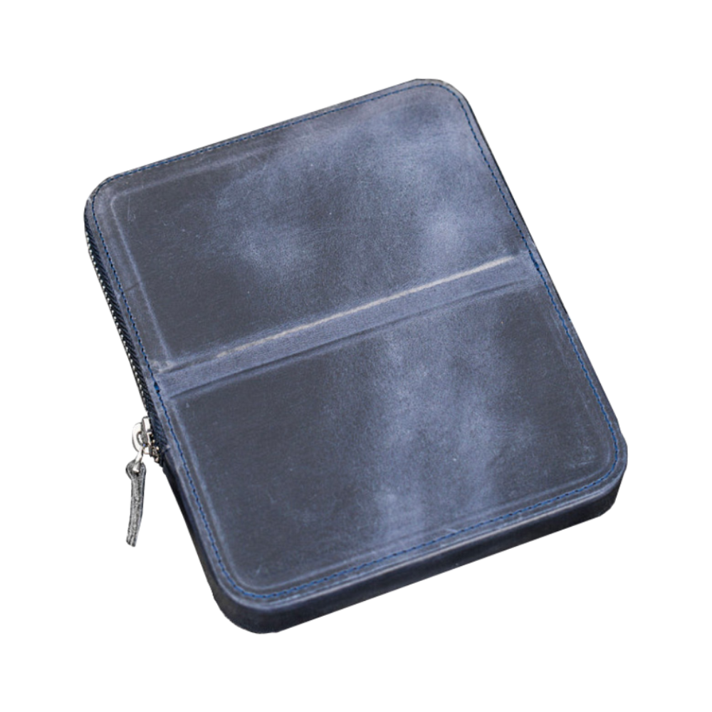 Galen Leather Zippered 6 Slots Magnum Opus Pen Case - Crazy Horse Navy Blue