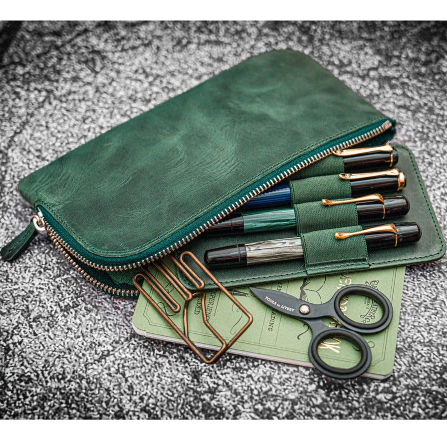 Galen Leather Zippered 4 Slots Slip-n-Zip Pen Pouch - Crazy Horse Forest Green