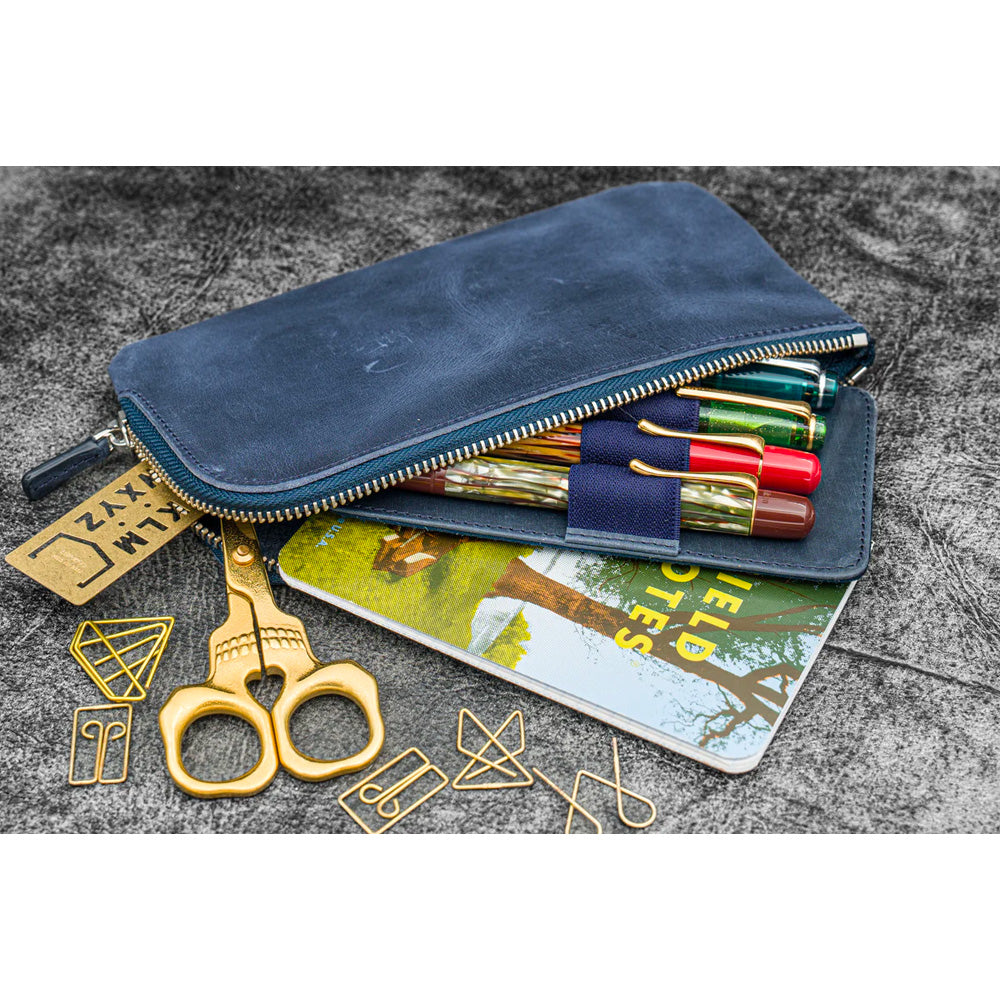 Galen Leather Zippered 4 Slots Slip-n-Zip Pen Pouch - Crazy Horse Navy Blue