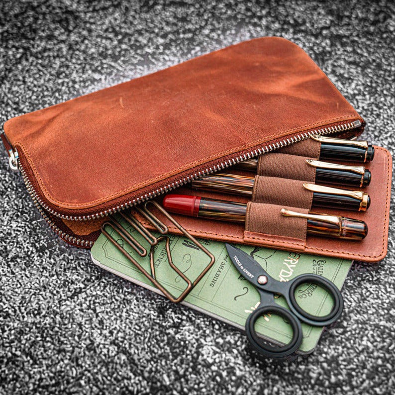 Galen Leather Zippered 4 Slots Slip-n-Zip Pen Pouch - Crazy Horse Tan