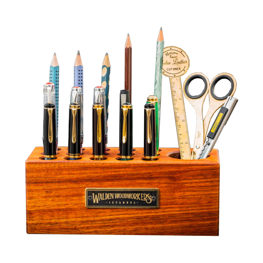 Galen Leather Wood Desk Organizer - Pen Holder - Walnut