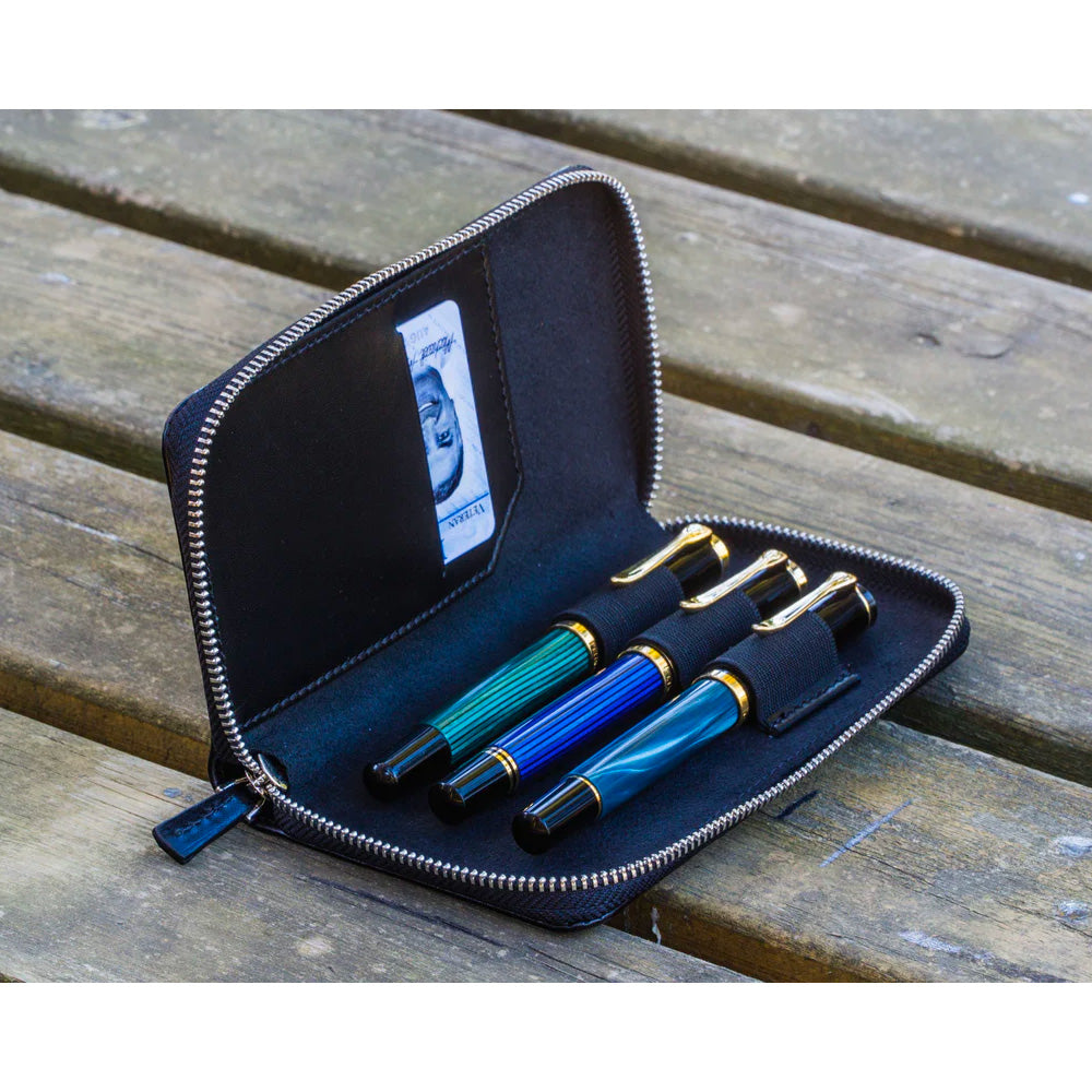 Galen Leather Zippered 3 Slots Pen Case - Black