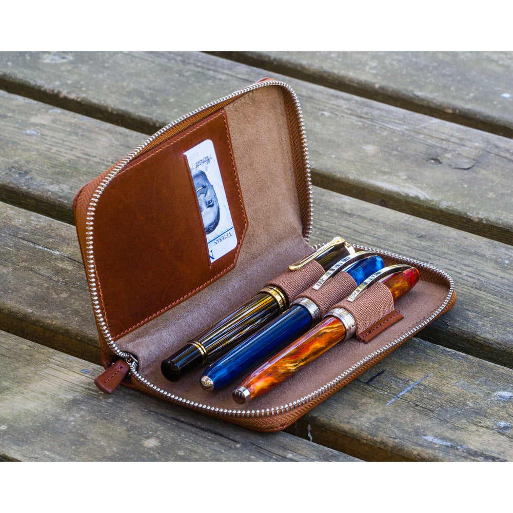 Galen Leather Zippered 3 Slots Pen Case - Brown