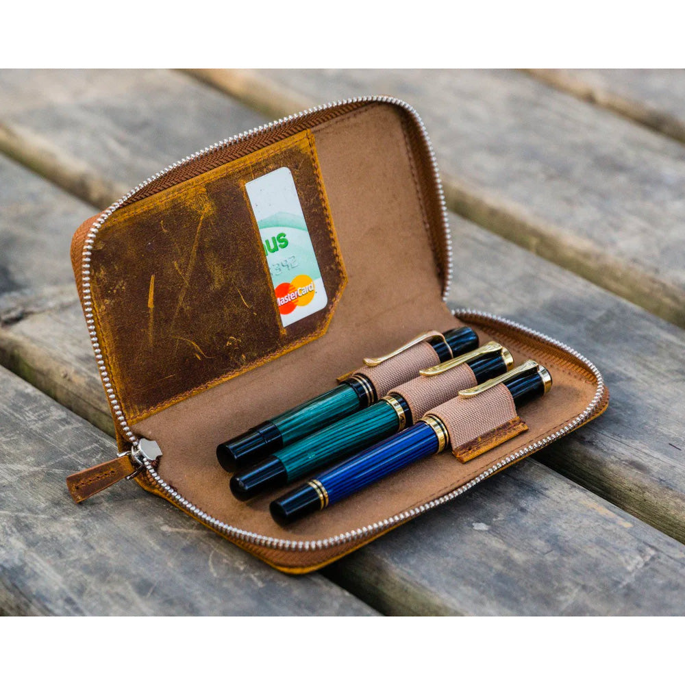 Galen Leather Zippered 3 Slots Pen Case - Crazy Horse Brown