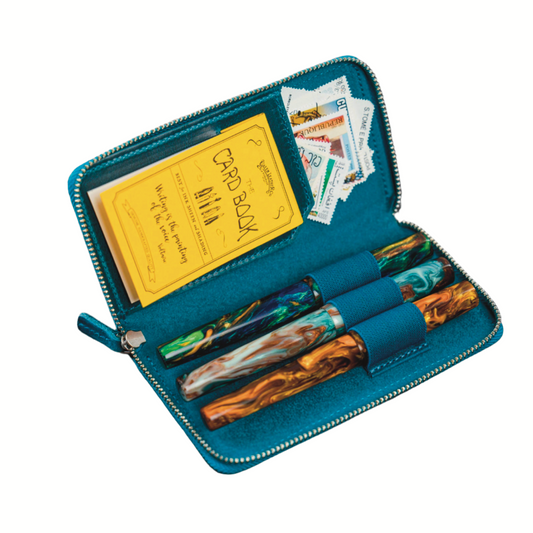 Galen Leather Zippered 3 Slots Pen Case - Crazy Horse Ocean Blue