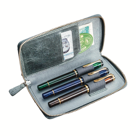 Galen Leather Zippered 3 Slots Pen Case - Crazy Horse Smoky