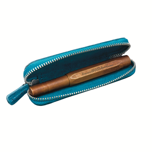 Galen Leather Zippered Single Slot Pen Case for Kaweco Pocket Pen - Crazy Horse Ocean Blue