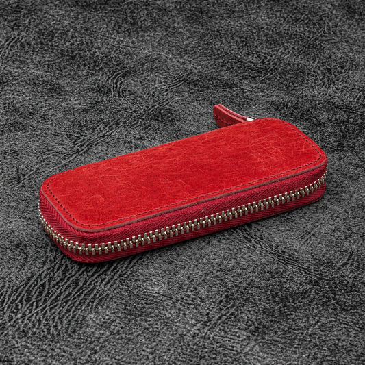 Galen Leather Double Zippered Pen Case Kaweco/Pocket Size - Carmine Red