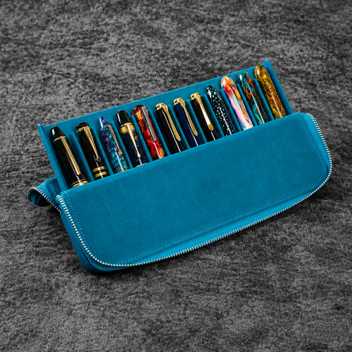 Galen Leather Zippered 12 Slots Magnum Opus Pen Case - Crazy Ocean Blue (with Removable Pen Tray)