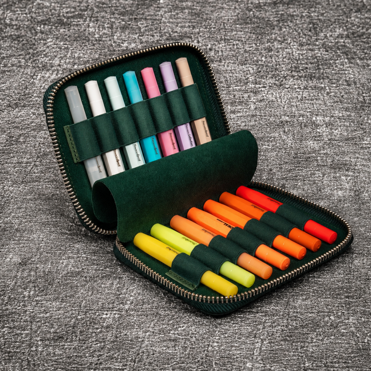 Galen Leather Zippered 14 Slots Collector Pen Case for Kaweco Pens - Crazy Horse Forest Green