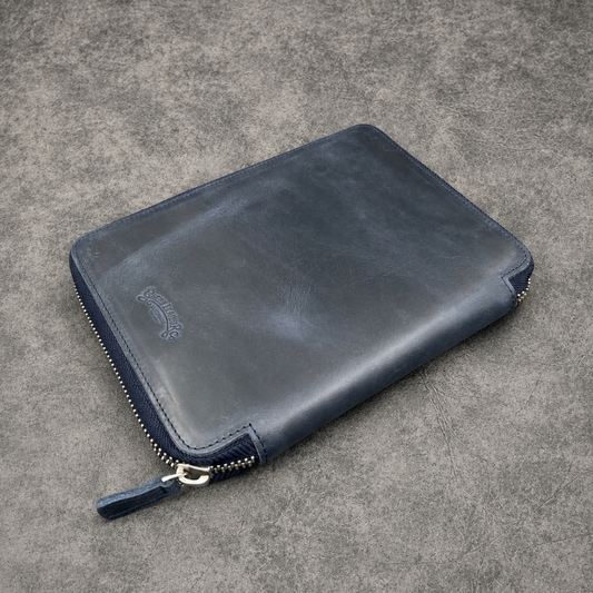 Galen Leather Zippered 20 Slots Pen Case - Crazy Horse Navy Blue