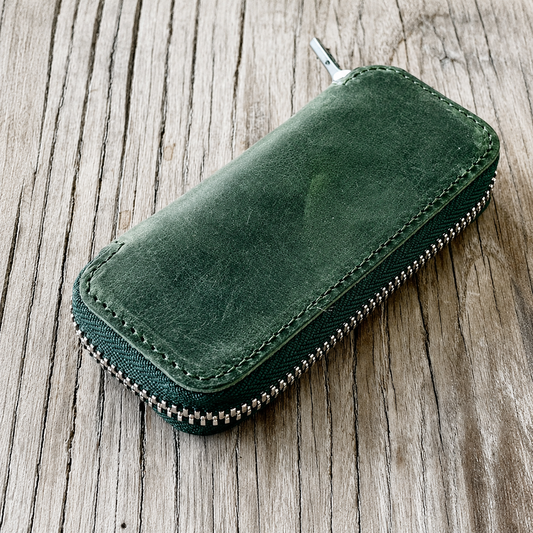 Galen Leather Zippered 2 Slots Pen Case for Kaweco Pocket Pen - Crazy Horse Forest Green