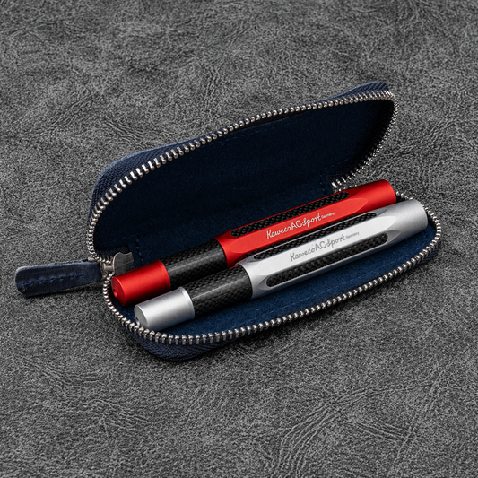 Galen Leather Zippered 2 Slots Pen Case for Kaweco Pocket Pen - Crazy Horse Navy Blue