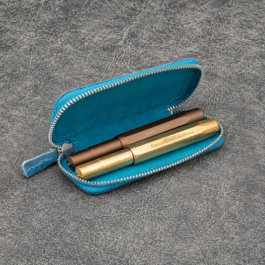 Galen Leather Zippered 2 Slots Pen Case for Kaweco Pocket Pen - Crazy Horse Ocean Blue