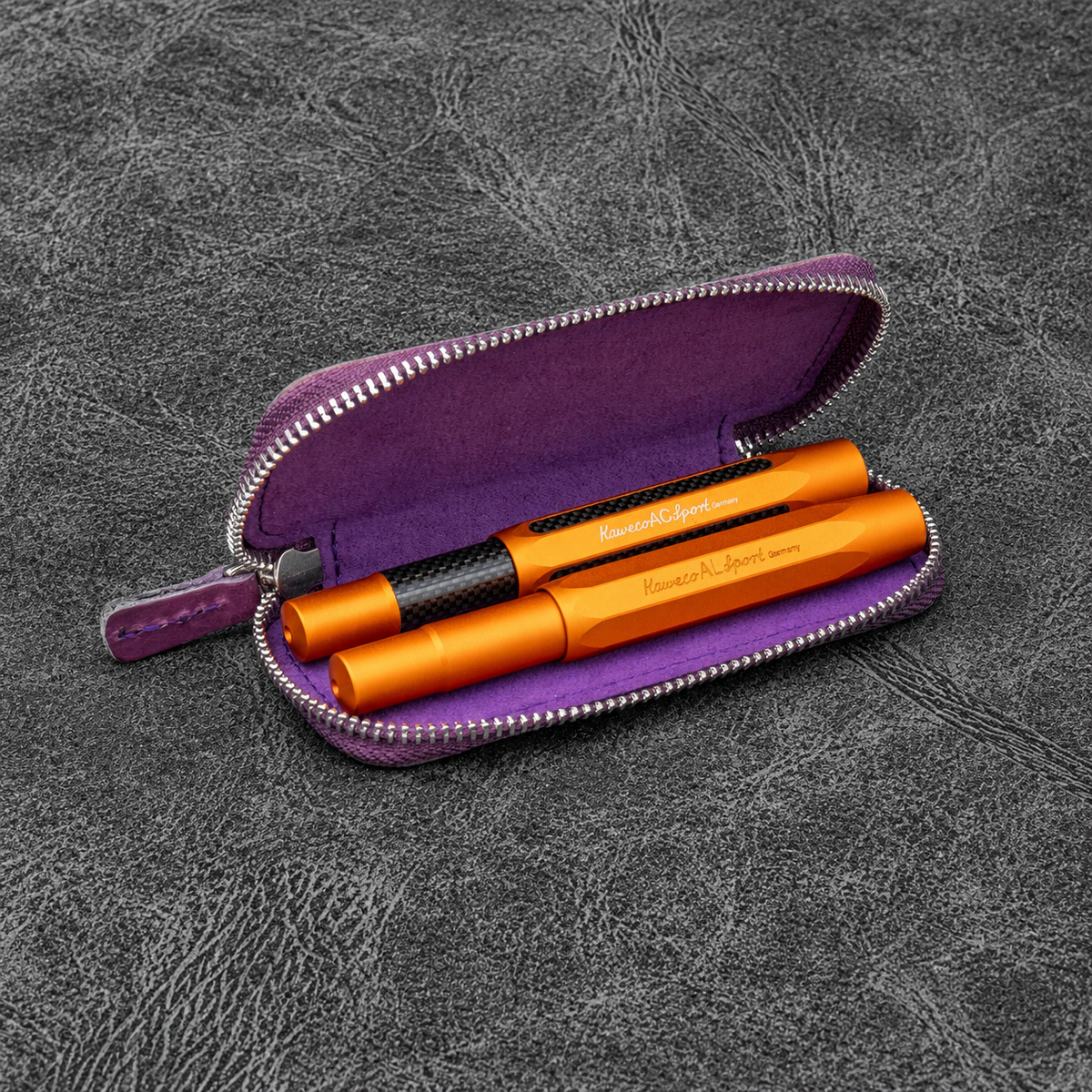 Galen Leather Zippered 2 Slots Pen Case for Kaweco Pocket Pen - Purple