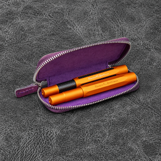 Galen Leather Zippered 2 Slots Pen Case for Kaweco Pocket Pen - Purple