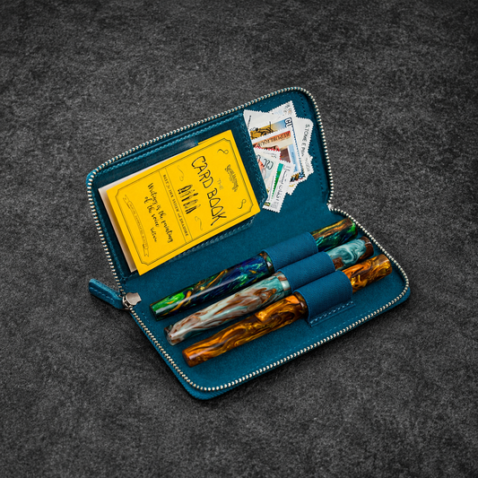 Galen Leather Zippered 3 Slots Pen Case - Crazy Horse Ocean Blue