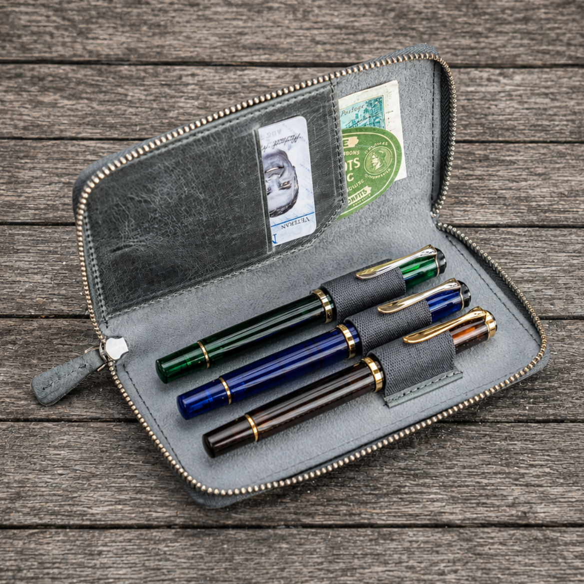 Galen Leather Zippered 3 Slots Pen Case - Crazy Horse Smoky