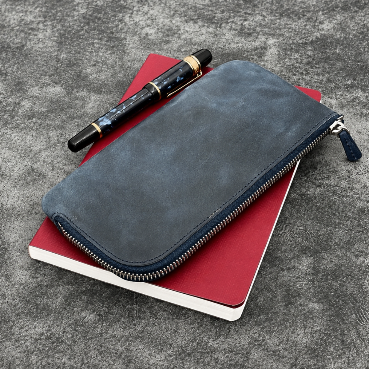 Galen Leather Zippered 4 Slots Slip-n-Zip Pen Pouch - Crazy Horse Navy Blue
