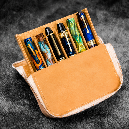 Galen Leather Zippered 6 Slots Magnum Opus Pen Case - Undyed Leather