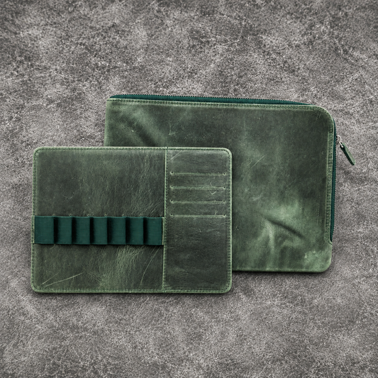 Galen Leather Zippered 7 Slots Writer's Bank Bag/Pen Pouch - Crazy Horse Forest Green