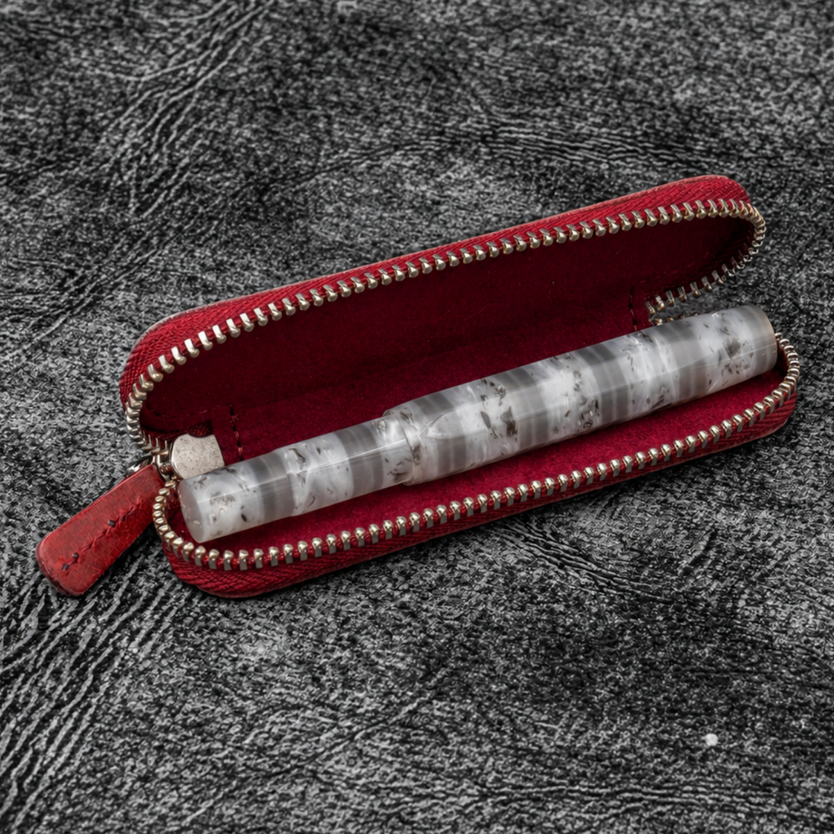 Galen Leather Zippered Single Slot Pen Case for Kaweco Pocket Pen - Carmine Red