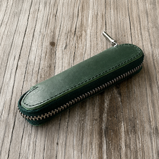 Galen Leather Zippered Single Slot Pen Case for Kaweco Pocket Pen - Crazy Horse Forest Green