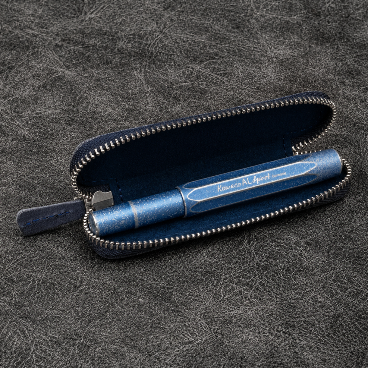 Galen Leather Zippered Single Slot Pen Case for Kaweco Pocket Pen - Crazy Horse Navy Blue