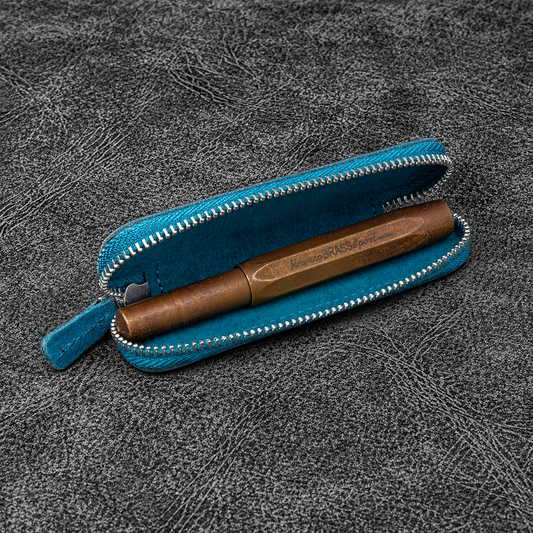 Galen Leather Zippered Single Slot Pen Case for Kaweco Pocket Pen - Crazy Horse Ocean Blue