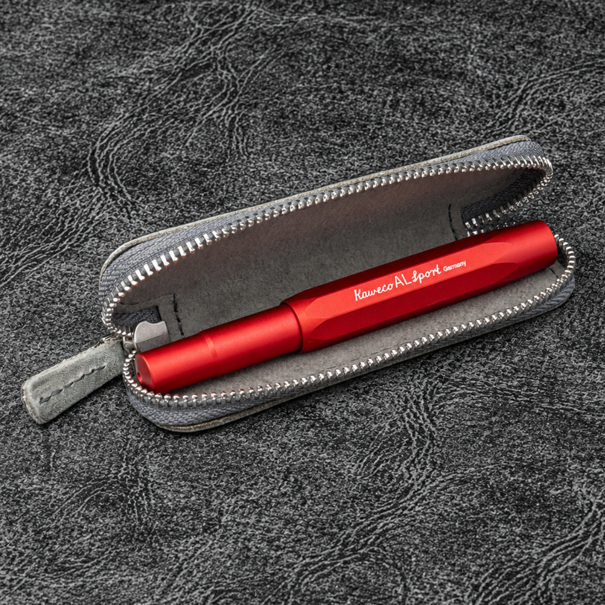 Galen Leather Zippered Single Slot Pen Case for Kaweco Pocket Pen - Crazy Horse Smoky