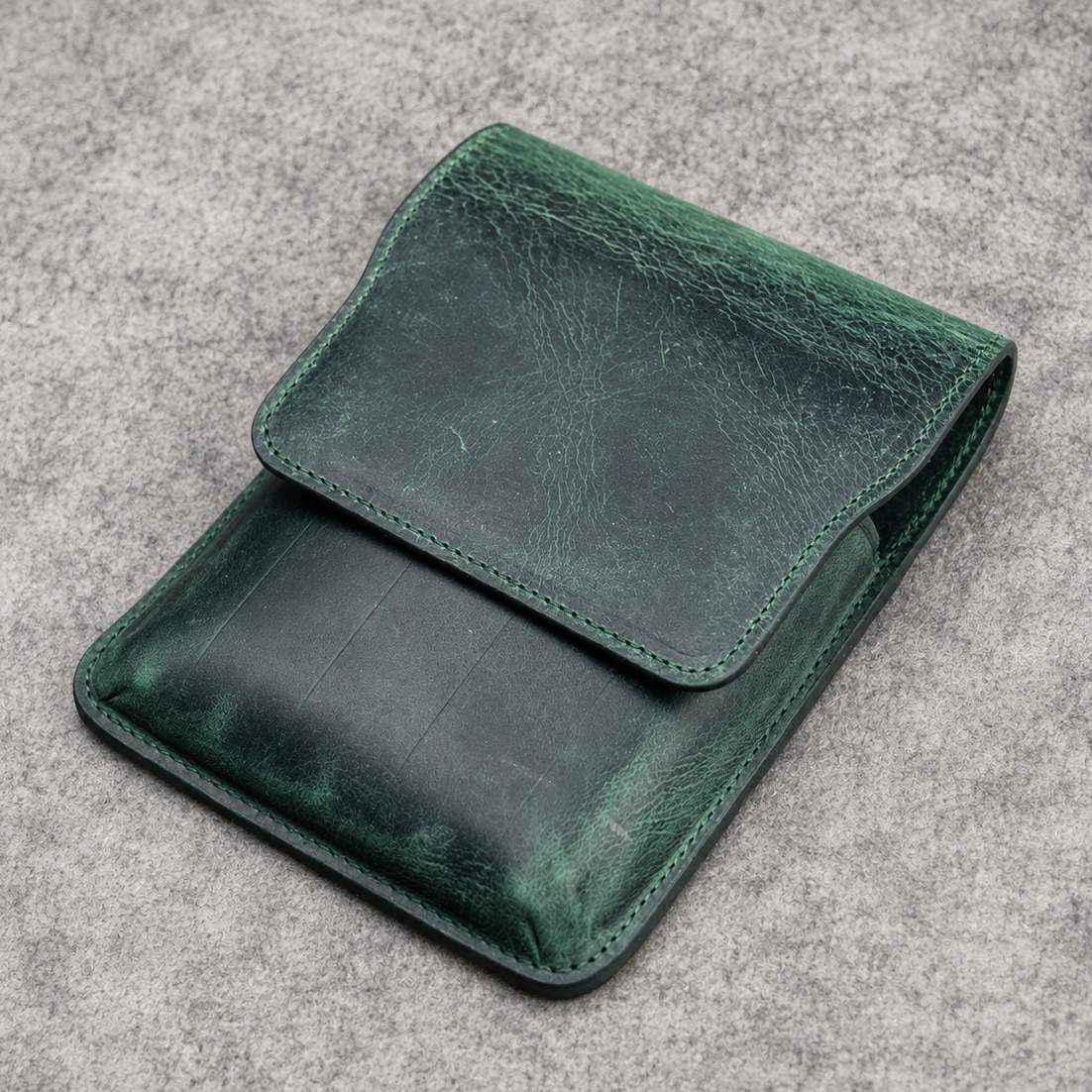 Galen Leather 5 Slots Flap Pen Case - Crazy Horse Forest Green