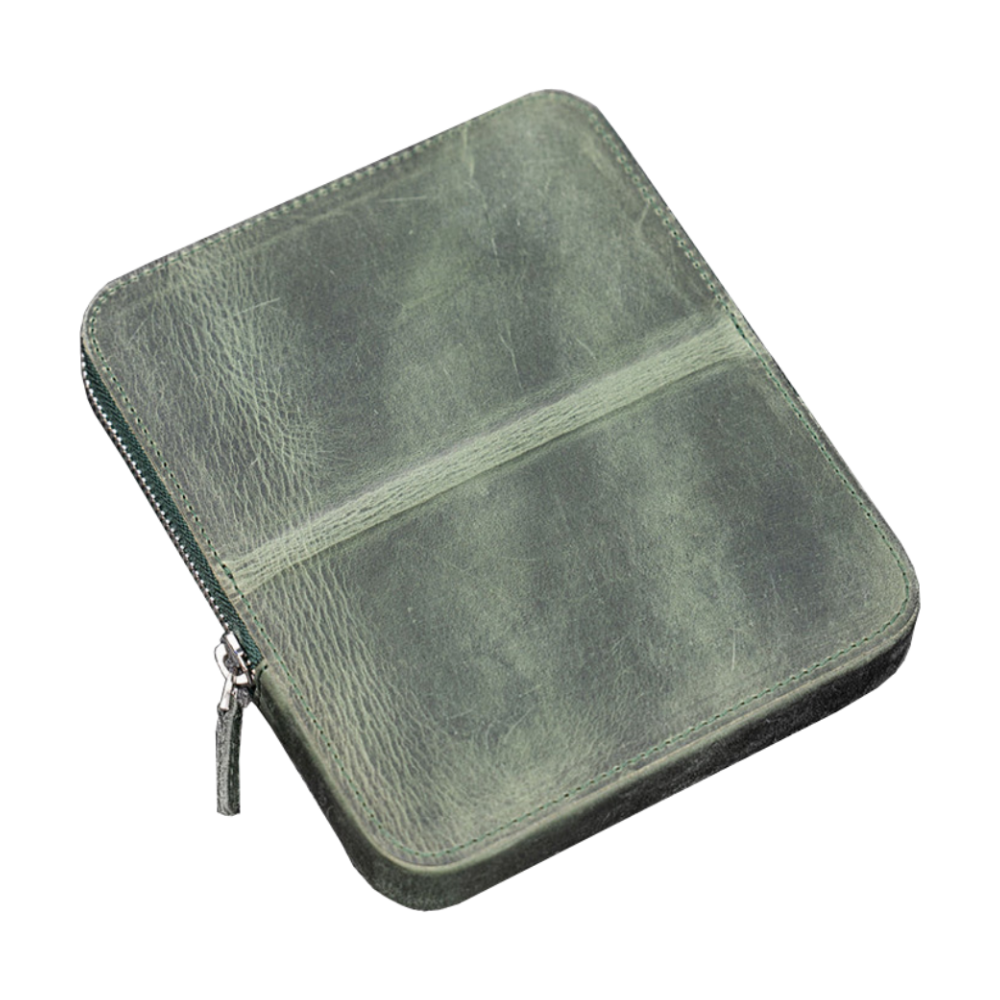 Galen Leather Zippered 6 Slots Magnum Opus Pen Case - Crazy Horse Forest Green