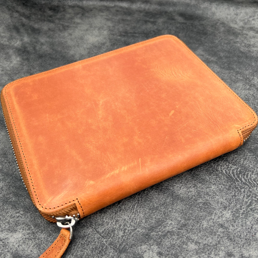 Galen Leather Zippered 10 Slots Pen Case with A5 Notebook Holder - Crazy Horse Tan